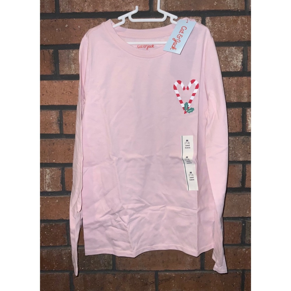 Cat & Jack Girls Pink Candy Cane Heart Long Sleeve‎ Graphic Tee Shirt Size M 7/8